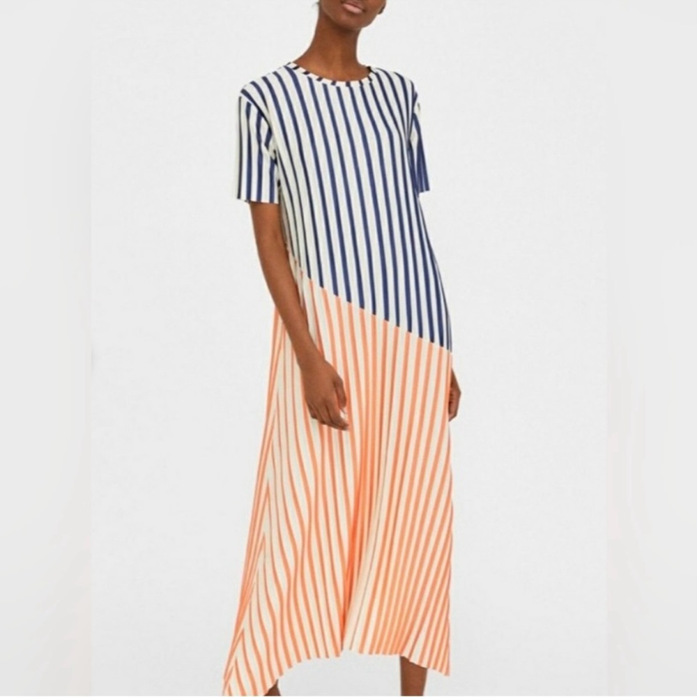 Zara Pleated Striped Blue and Orange Dress